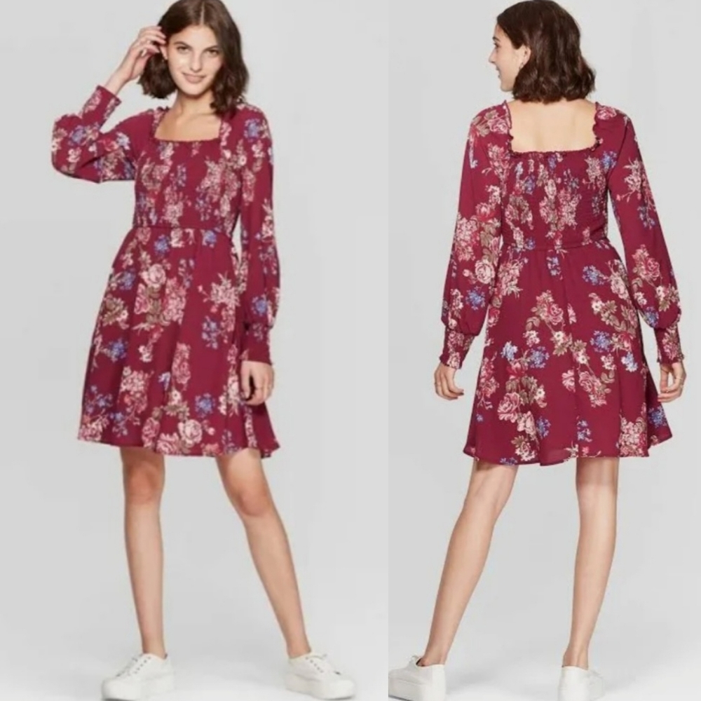 Xhilaration Women's Burgundy Floral Longsleeve Dress Medium